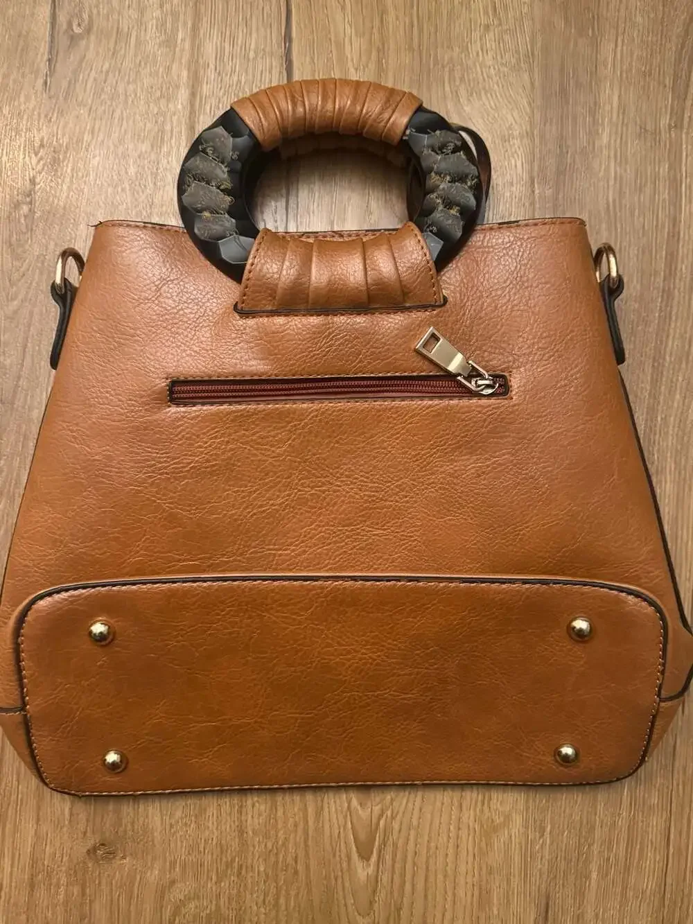PACD Brown Satchel with Embossed Rose Floral Detail and Sculpted Ring Handles